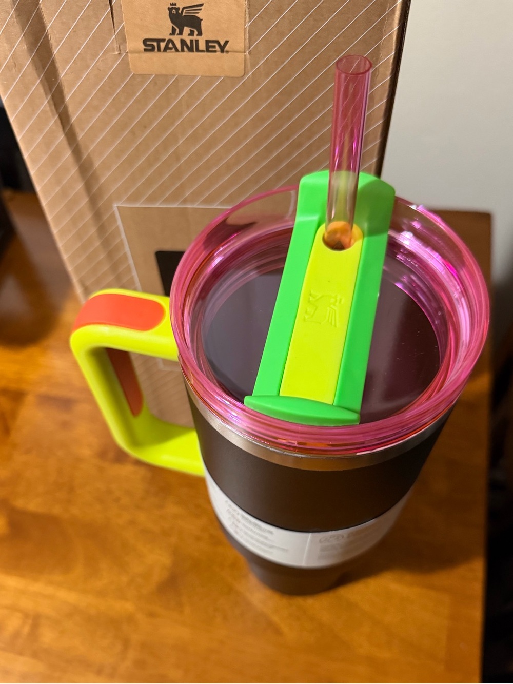 Black Neon Stanley Quencher H2.0 Tumbler - Yellow Handle & Pink Lid/Straw🖤💛🩷🧡💚 - Picture 3 of 6